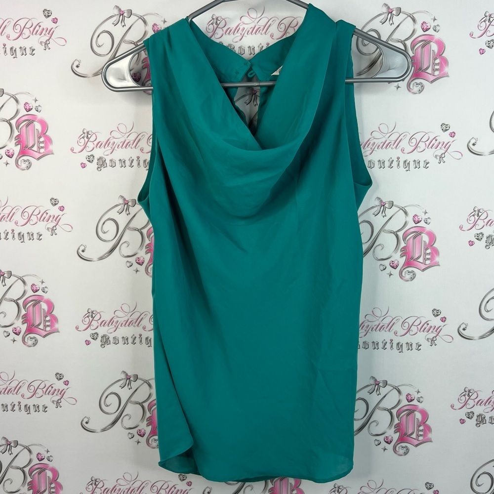 Cleo petite tank top open back cowl neckline draping blue Teal Sleeveless Blouse